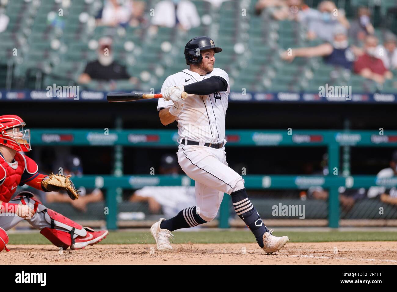 DETROIT, MI - APRIL 6: Robbie Grossman (8) of the Detroit Tigers bats during a game against the Minnesota Twins at Comerica Park on April 6, 2021 in D Stock Photo
