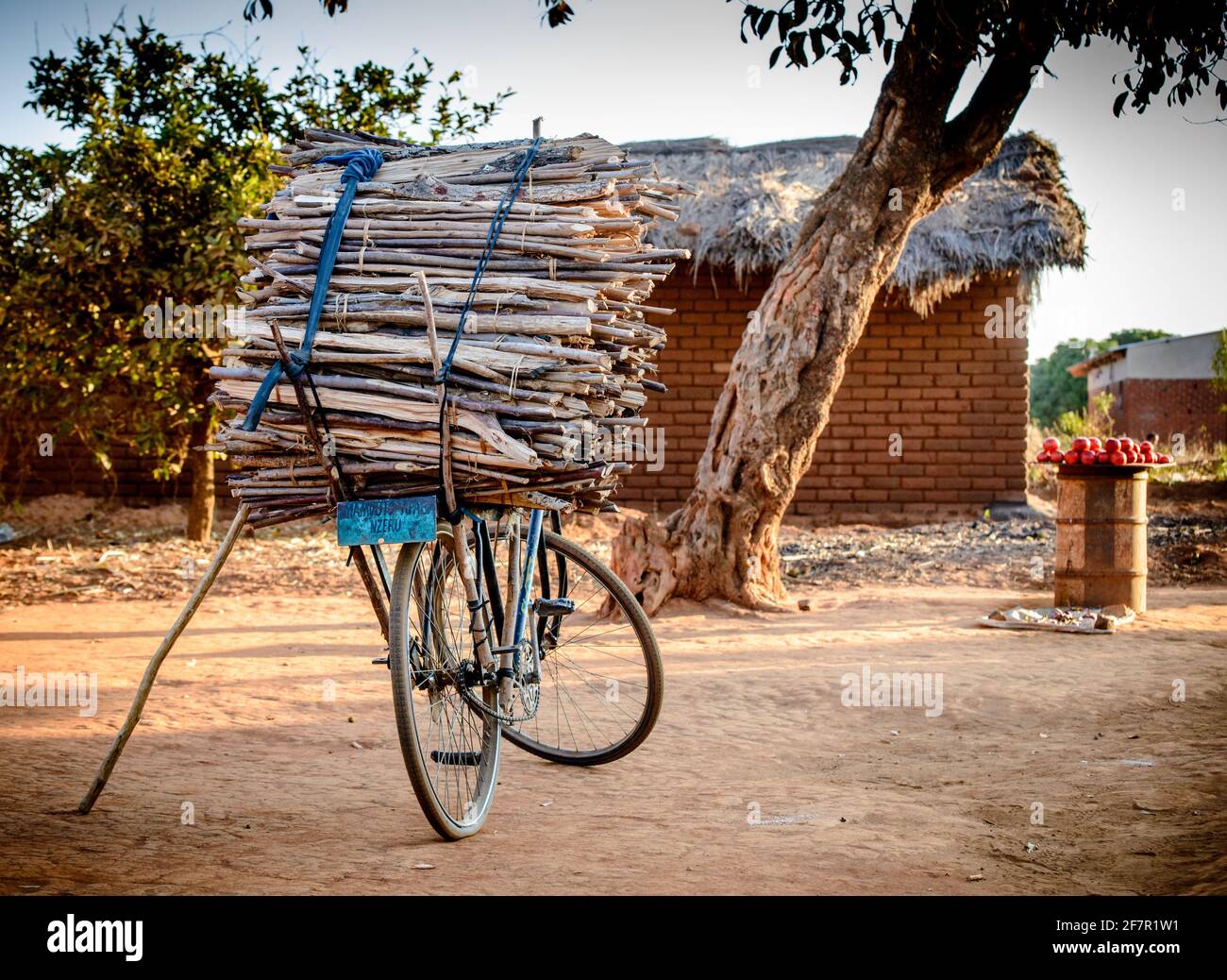 Bicycle standing with large load of firewood in Malawi village Stock Photo