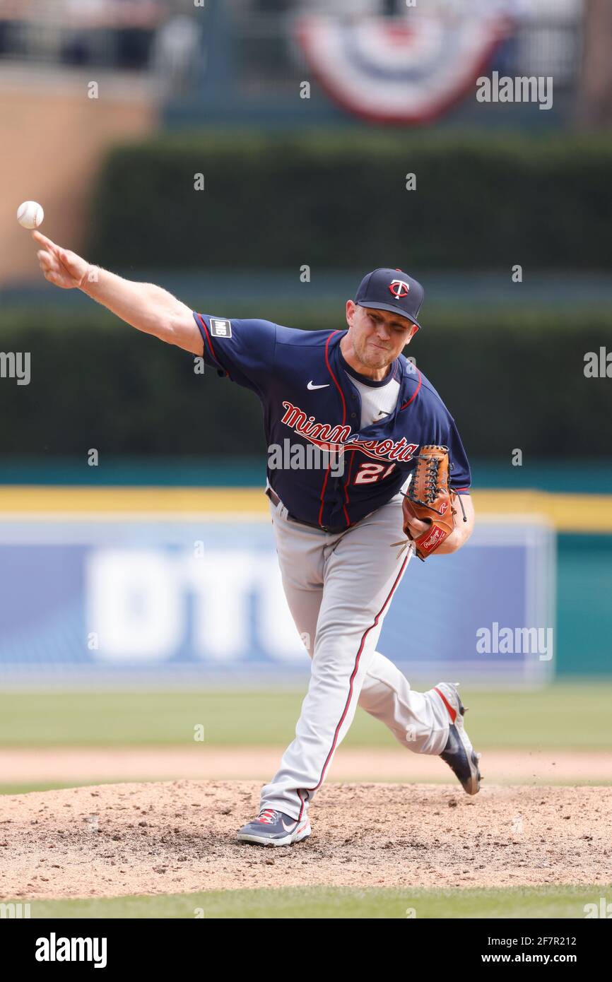 DETROIT, MI - APRIL 6: Tyler Duffey (21) of the Minnesota Twins pitches against the Detroit Tigers at Comerica Park on April 6, 2021 in Detroit, Michi Stock Photo