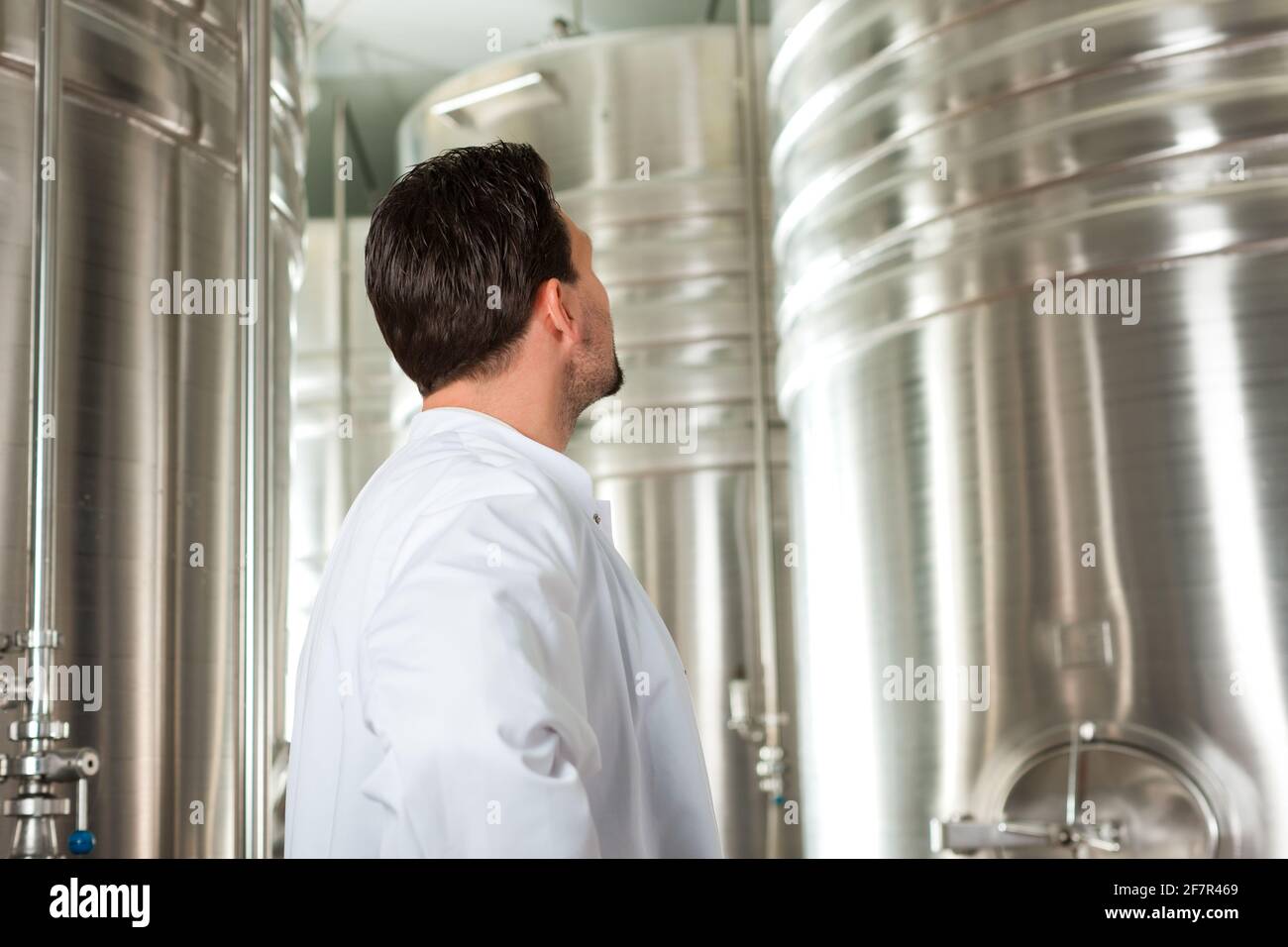 Brewer standing in his brewery in front of a stainless fermenter Stock Photo