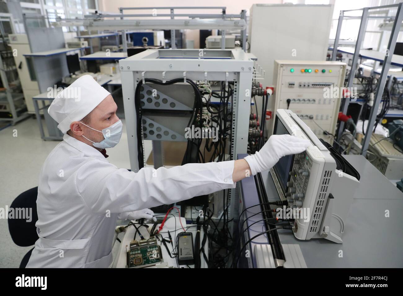 Yekaterinburg, Russia. 9th Apr, 2021. Configuring and testing hybrid  integrated circuits for Soyuz-2 rocket control systems at the production  facility of the N.A. Semikhatov Scientific and Production Association of  Automatics (also known