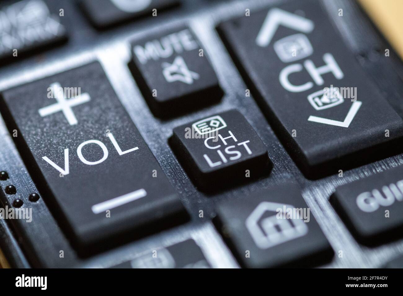 Volume button closeup on TV remote control with braille Stock Photo