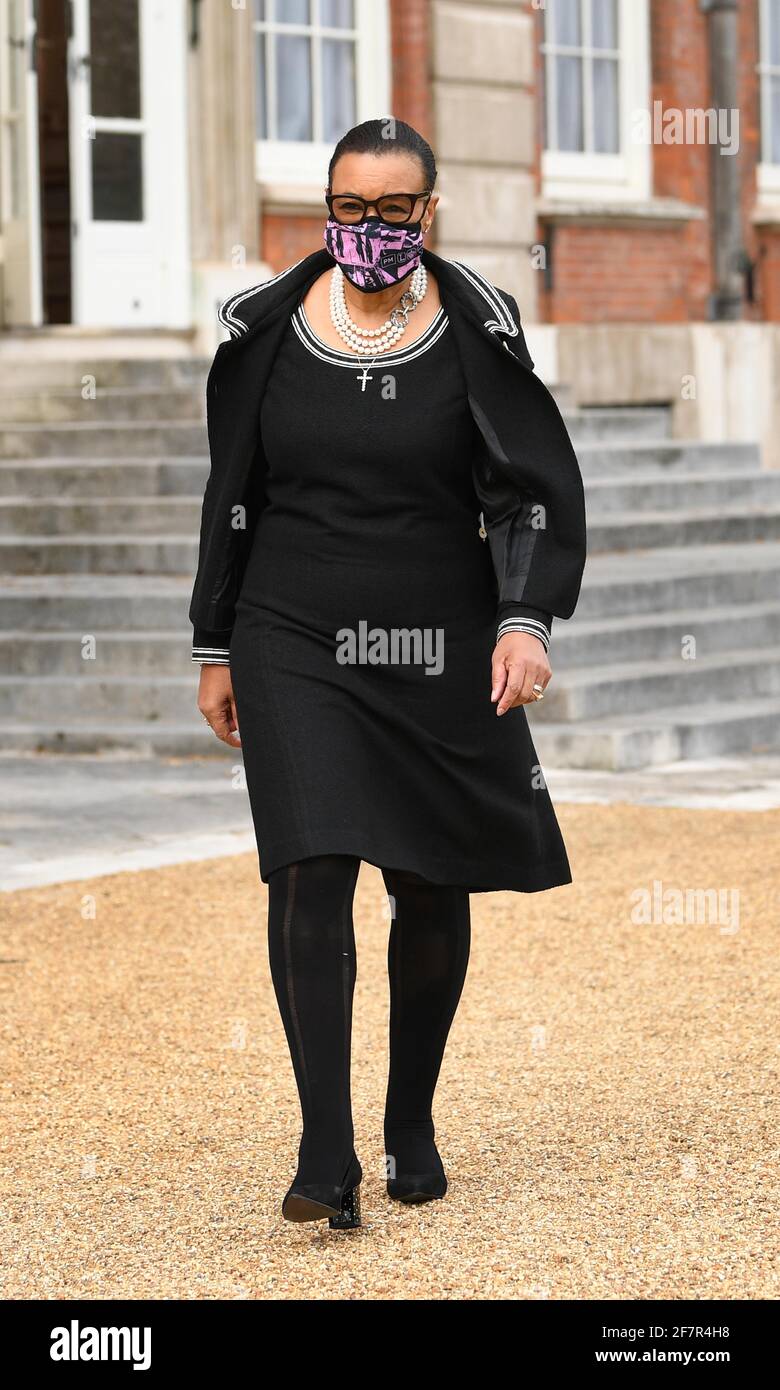 Commonwealth Secretary-General, Baroness Patricia Scotland, delivers a statement on the death of the Duke of Edinburgh, who has died at the age of 99, outside the headquarters of the Commonwealth Secretariat and Commonwealth Foundation, Marlborough House, London. Picture date: Friday April 9, 2021. Stock Photo