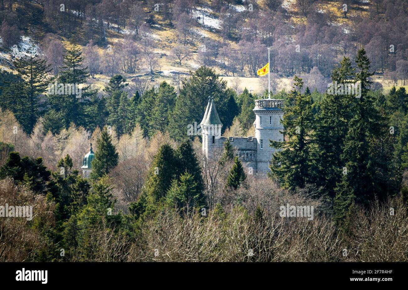 The Lion Rampant Flies At Half Mast At Balmoral Castle In Royal Deeside Aberdeenshire Scotland Following The Announcement Of The Death Of The Duke Of Edinburgh Who Has Died At The Age The Lion Rampant Flies At Half Mast At Balmoral Castle In Royal Deeside Aberdeenshire Scotland Following The Announcement Of The Death Of The Duke Of Edinburgh Who Has Died At The Age