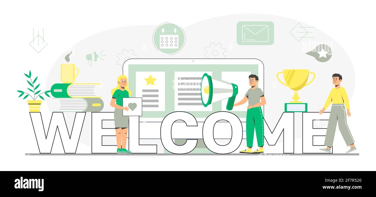 Welcome concept flat vector for website, header. Happy tiny people are near huge text. Cartoon office teamwork and are greeting clients in online offi Stock Vector