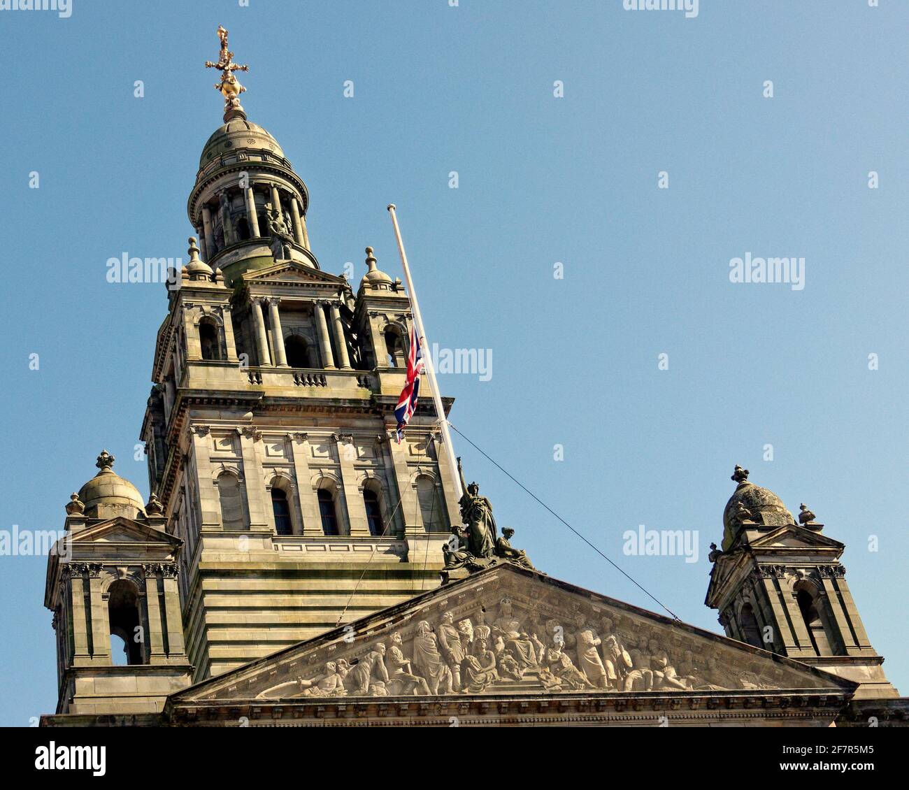 Glasgow, Scotland, UK. 9th Apr, 2021. Duke of edinburgh passing away saw flags at half mast at u the city chambers of george square. Credit: gerard ferry/Alamy Live News Stock Photo