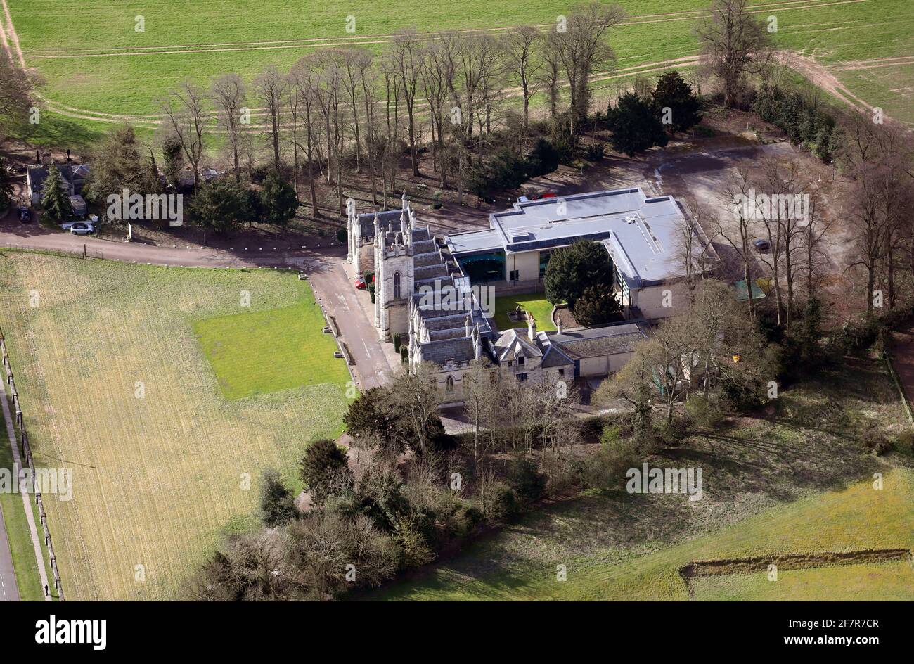 aerial view of The Almshouses, Aberford near Leeds, and a modern office block extension containing Masternaut UK (Mapping service company) Stock Photo