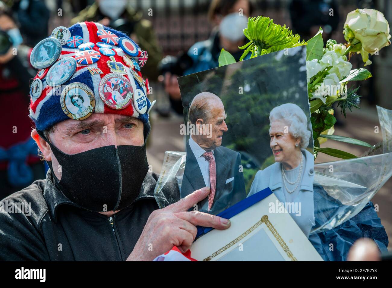 London, UK. 9th Apr, 2021. A royal fan expresses his grief and says he is now heading to Windsor Castle - as Prince Philip dies at 99. Credit: Guy Bell/Alamy Live News Stock Photo