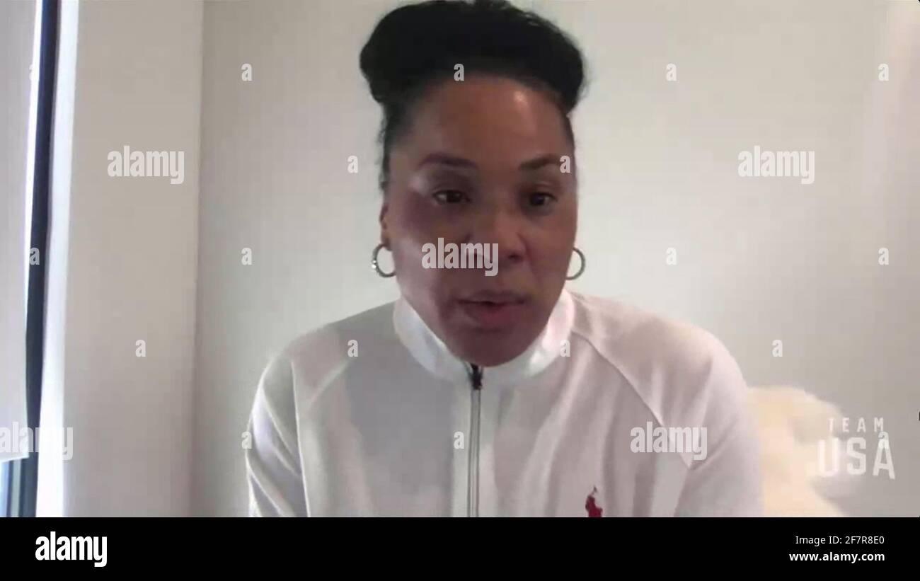 USA. 08th Apr, 2021. Coach Dawn Staley, U.S. Olympic Team Head Coach, Basketball seen in a screenshot as the United States Olympic & Paralympic Committee host the Tokyo 2020 Team USA Media Summit from April 7-9 from 8-5 p.m. MT daily. The event is slated to present more than 100 Olympians, Paralympians and hopefuls, representing summer National Governing Bodies participating at Tokyo 2020 through a series of press conferences. (Photo by Tokyo 2020 Team USA via Credit: Sipa USA/Alamy Live News Stock Photo