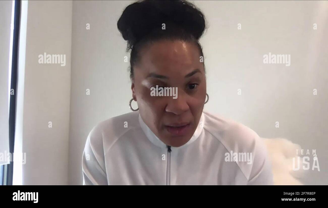 USA. 08th Apr, 2021. Coach Dawn Staley, U.S. Olympic Team Head Coach, Basketball seen in a screenshot as the United States Olympic & Paralympic Committee host the Tokyo 2020 Team USA Media Summit from April 7-9 from 8-5 p.m. MT daily. The event is slated to present more than 100 Olympians, Paralympians and hopefuls, representing summer National Governing Bodies participating at Tokyo 2020 through a series of press conferences. (Photo by Tokyo 2020 Team USA via Credit: Sipa USA/Alamy Live News Stock Photo