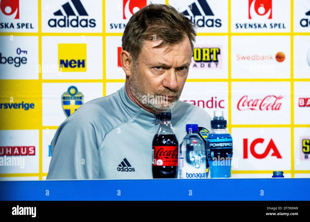 SOLNA  20210409 Sweden's head coach Peter Gerhardsson, speaks at a news conference after the women's national team's training at Friends arena on Friday April 9,2021, prior the friendly international game against the USA on Saturday.   Photo: Claudio Bresciani / TT / Kod 10090 Stock Photo