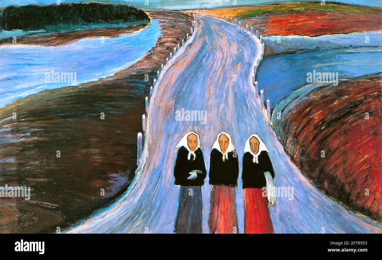 Marianne von Werefkin artwork - Country Road. Three woman standing abreast of each other in a vibrantly coloured landscape on a long and winding road. Stock Photo