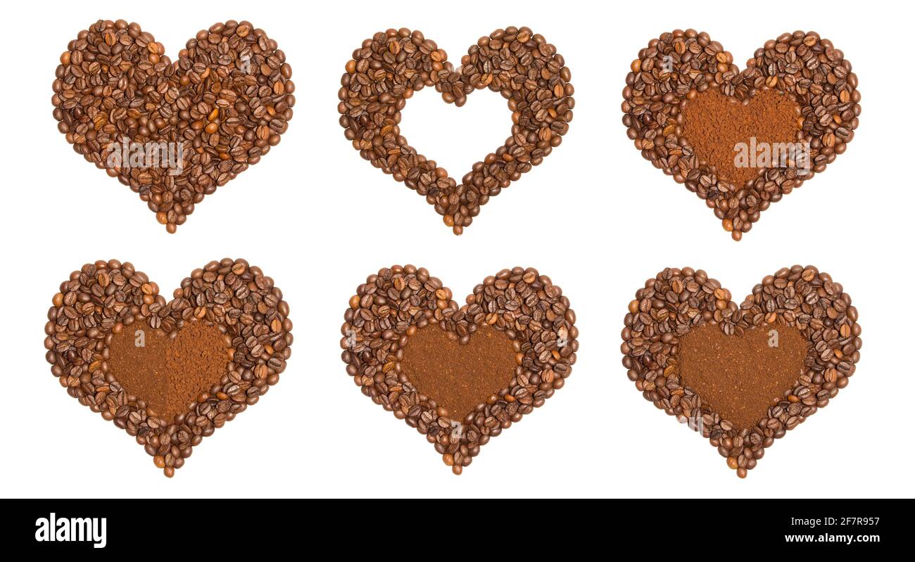 Set of isolated coffee hearts with a frame of beans. Made from coffee beans. Love concept. Hearts with ground coffee, instant coffee, and a place for Stock Photo