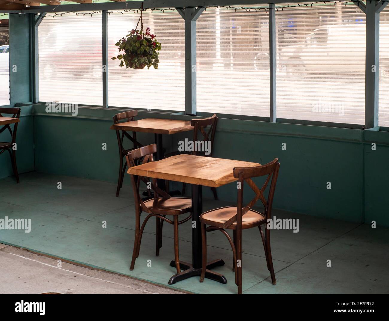 Empty tables in an outdoor dining shed in Chelsea in New York on ...