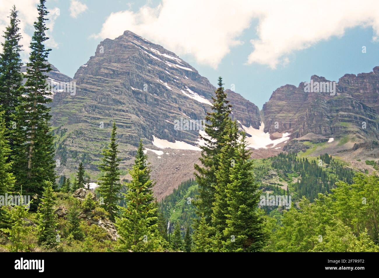 Maroon Bells with spruces, Colorado Stock Photo