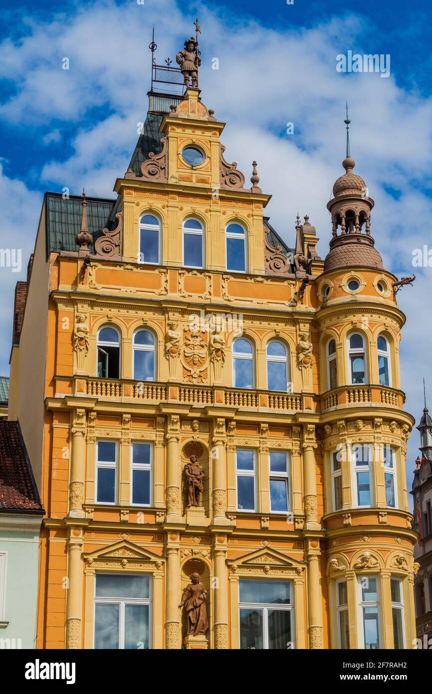 One of houses at Premysl Otakar II. square in Ceske Budejovice, Czech Republic Stock Photo