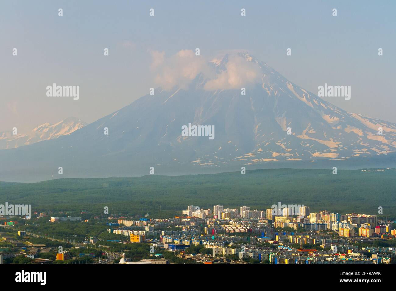 View of the city Petropavlovsk-Kamchatsky on background of volcanoes. Kamchatka, Russia Stock Photo