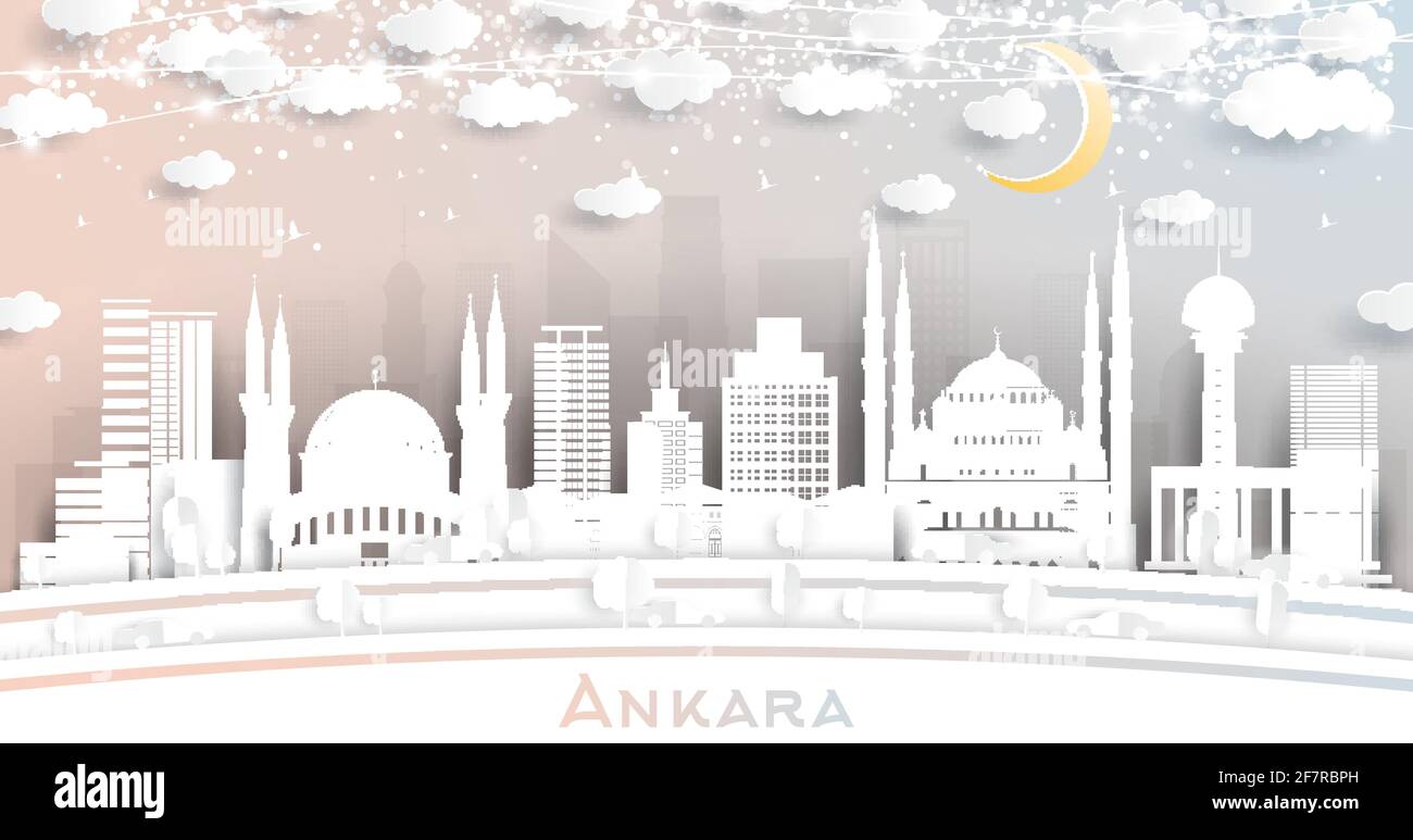 Ankara Turkey City Skyline in Paper Cut Style with White Buildings, Moon and Neon Garland. Vector Illustration. Travel and Tourism Concept. Stock Vector