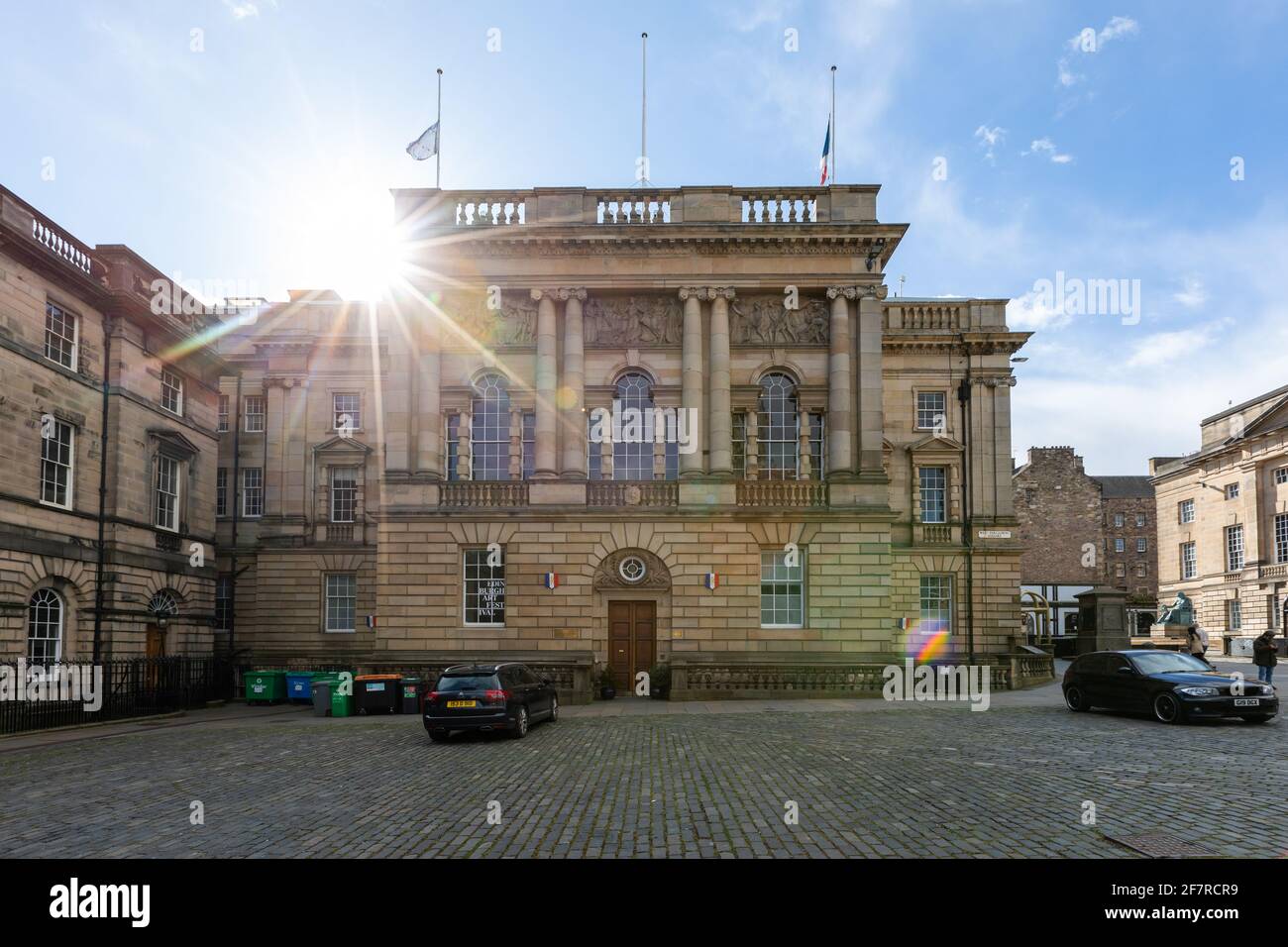 Edinburgh, UK. 9th Apr 2021. Flags on The Consulate General of France in Edinburgh fly at half mast after the announcement of the death of Prince Philip The Duke of Edinburgh Credit: David Coulson/Alamy Live News Stock Photo