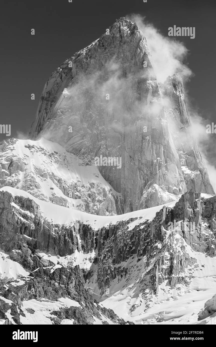 Black and white picture of Monte Fitz Roy, Patagonia. Stock Photo