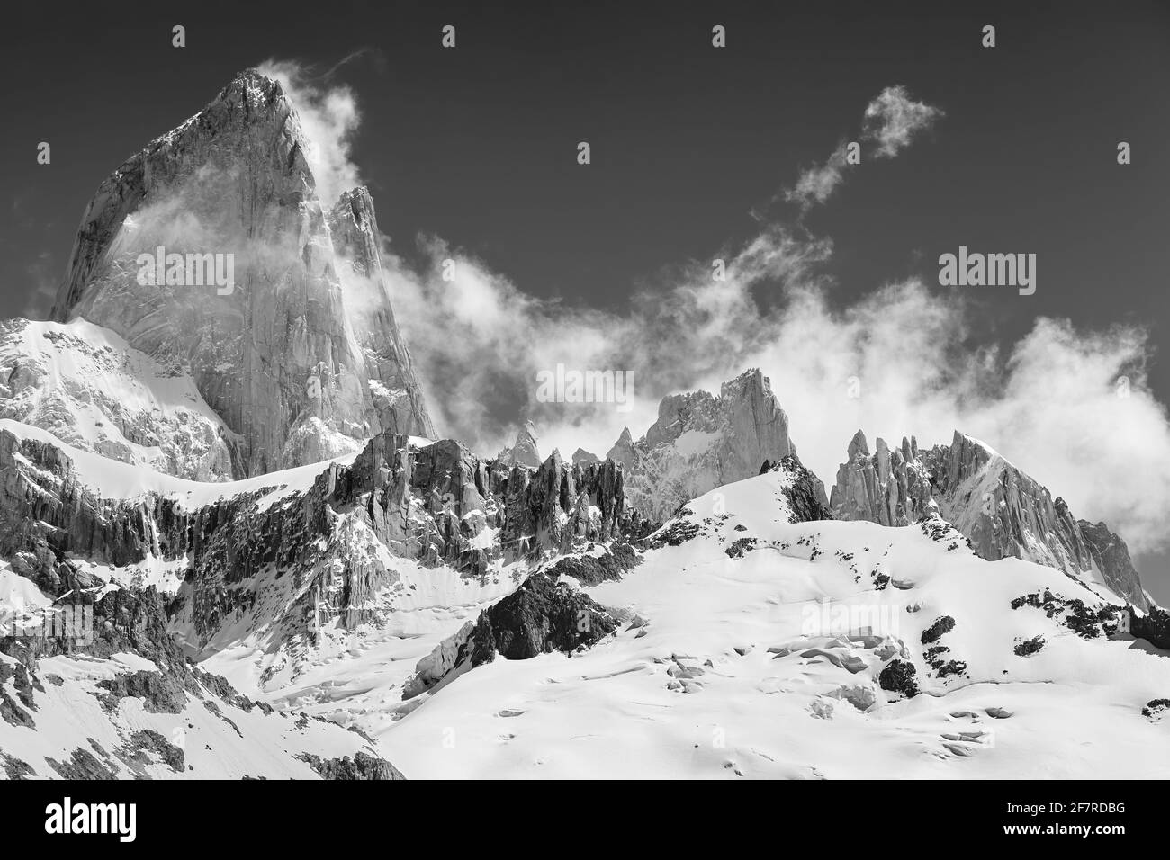 Black and white picture of Monte Fitz Roy, Patagonia. Stock Photo