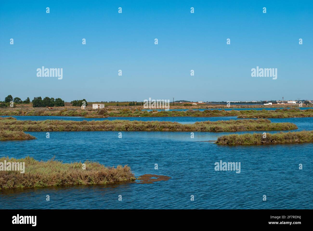 the beautiful natural area of the Marismas of Isla Cristina in Huelva, Andalusia in southern Spain, where the high tide of the Atlantic ocean floods t Stock Photo