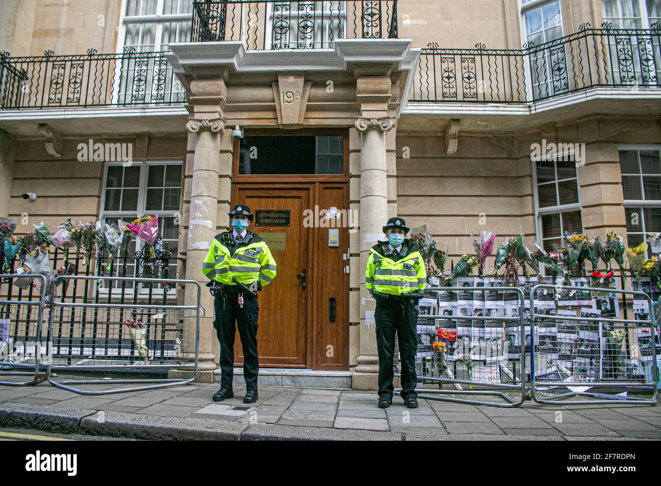 MAYFAIR LONDON, UK 9 April 2021. Police officers stand guard outside the embassy of Myanmar after it's ambassador Kyaw Zwar Minn who declared his support for  the ousted leader Aung San Suu Kyi  was locked out and claiming his country's military has occupied the London embassy and threatened its staff with "severe punishment" if they do not work with the Junta. Credit amer ghazzal/Alamy Live News Stock Photo