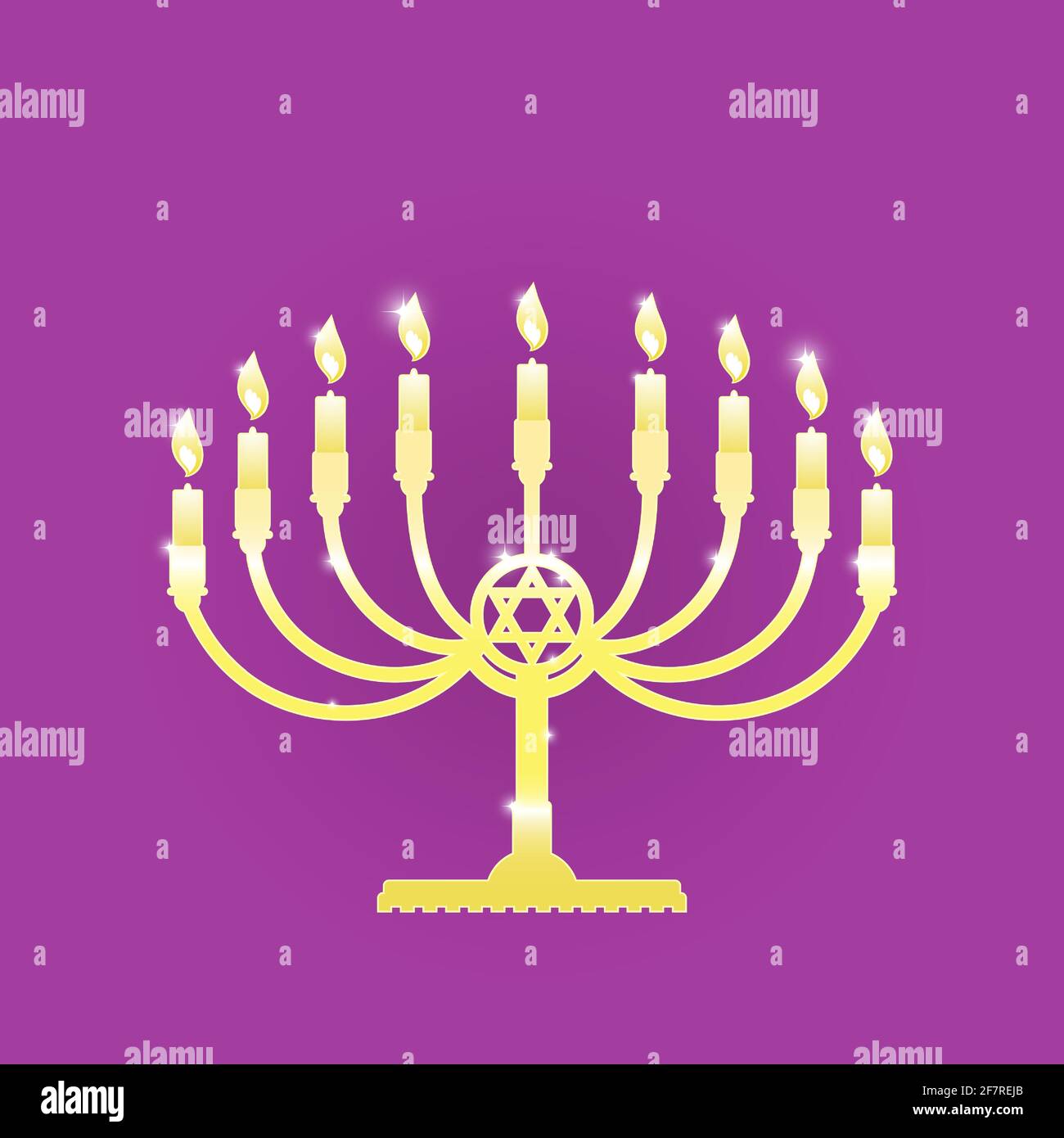 The golden symbol of Menorah with nine glowing candles is isolated on a