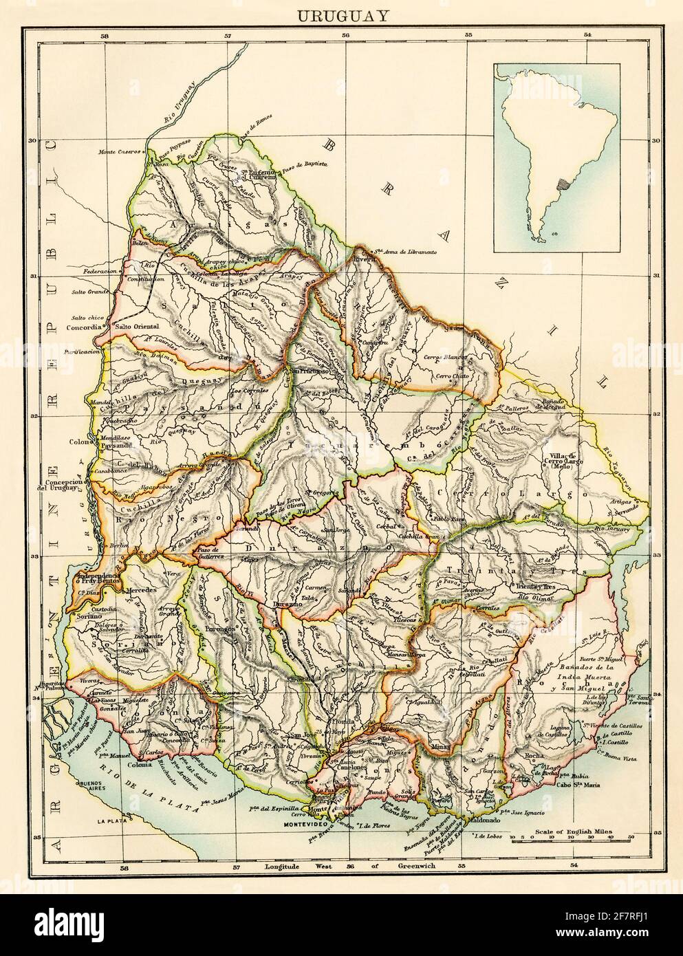 Map of Uruguay, 1870s. Color lithograph Stock Photo