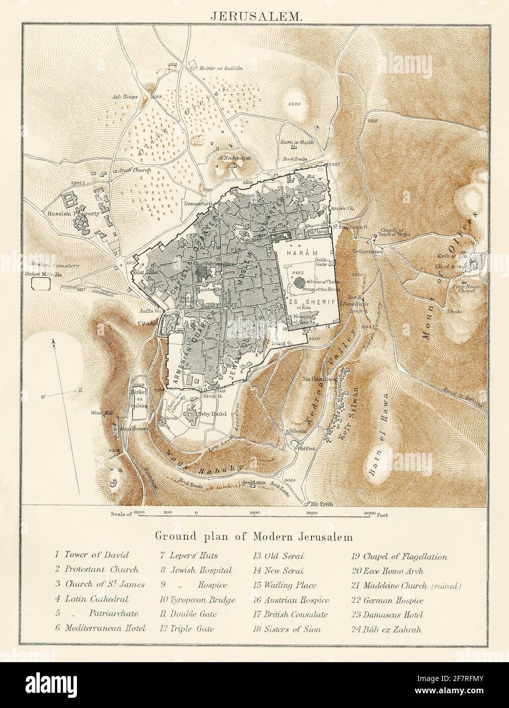 Map of Jerusalem, 1870s. Color lithograph Stock Photo