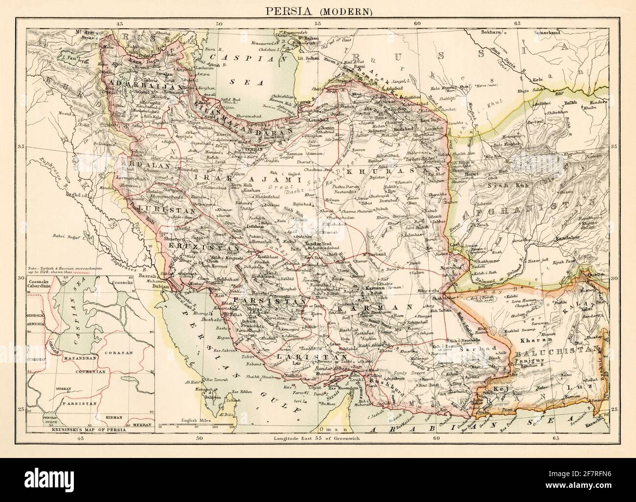 Map of Persia (Iran), 1870s. Color lithograph Stock Photo