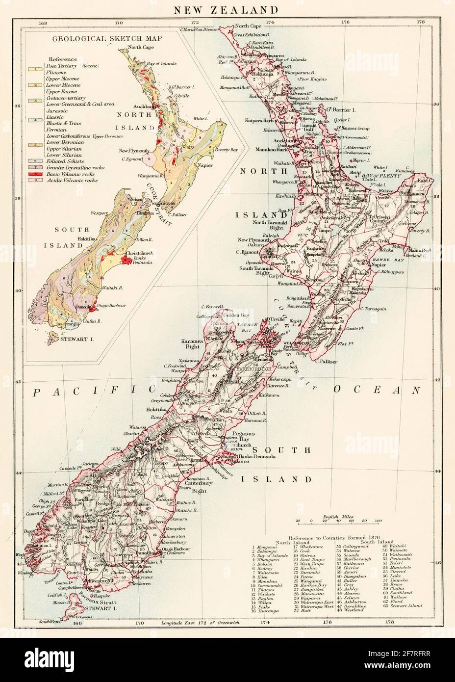 Map of New Zealand, 1870s. Color lithograph Stock Photo