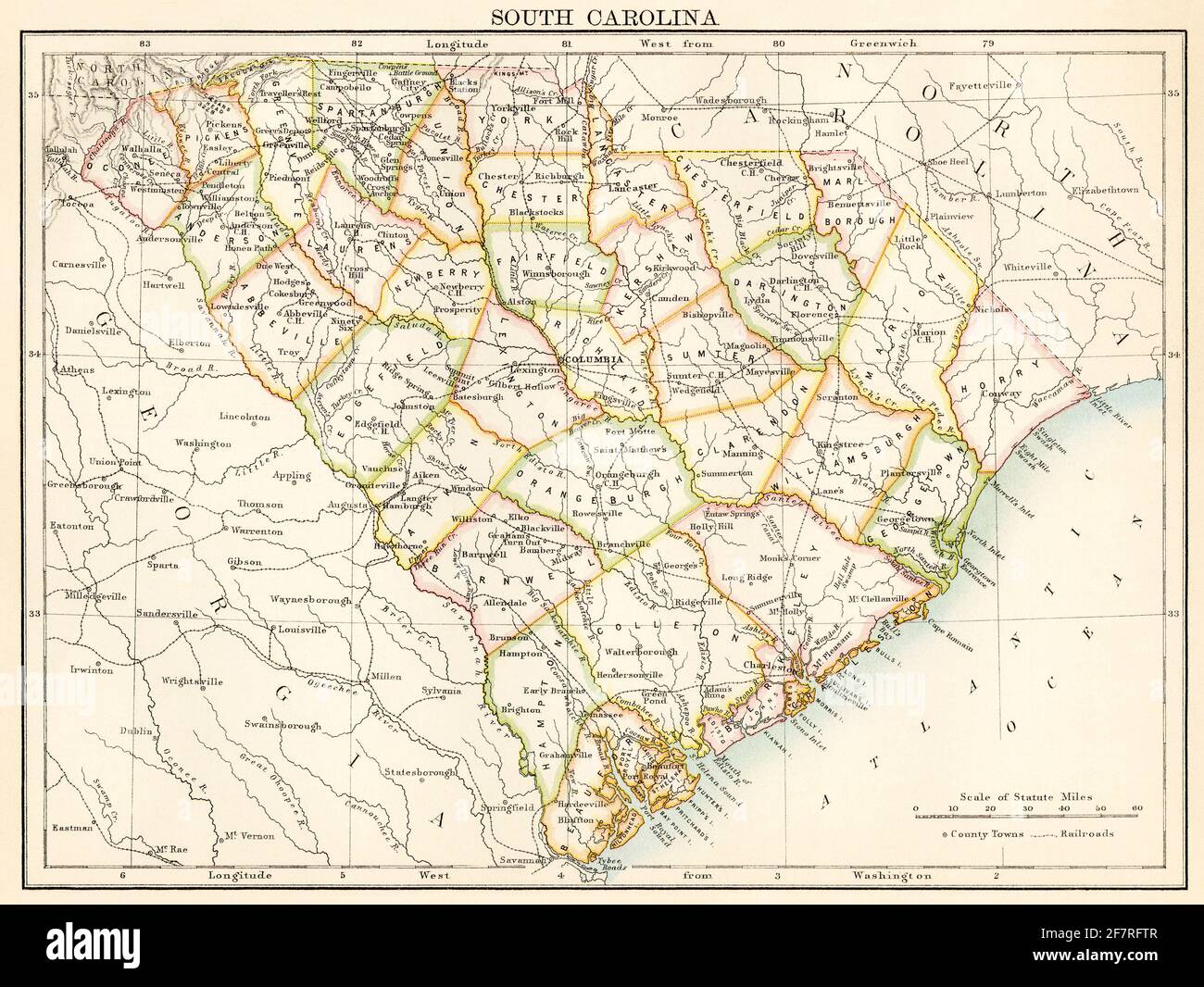 Map of South Carolina, 1870s. Color lithograph Stock Photo