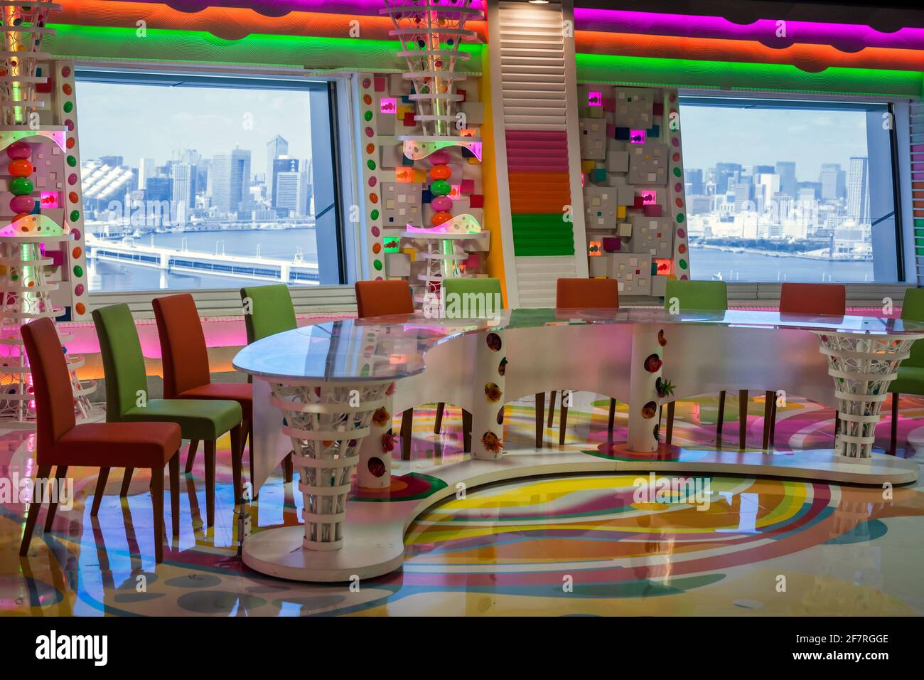 Horizontal interior view of a colorful TV set in Fuji TV in Odaiba island, Minato City, Tokyo, Japan Stock Photo