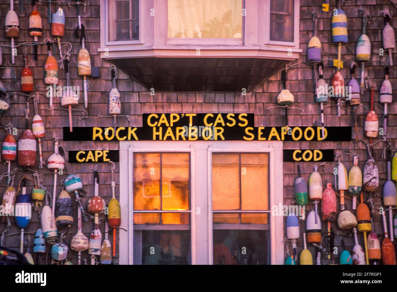Exterior facade of Cap't Cass a seafood restaurant at sunset in Orleans