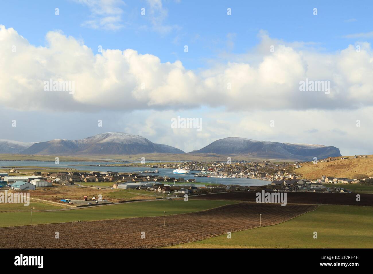 Stromness with Island of Hoy beyond, Orkney Isles Stock Photo