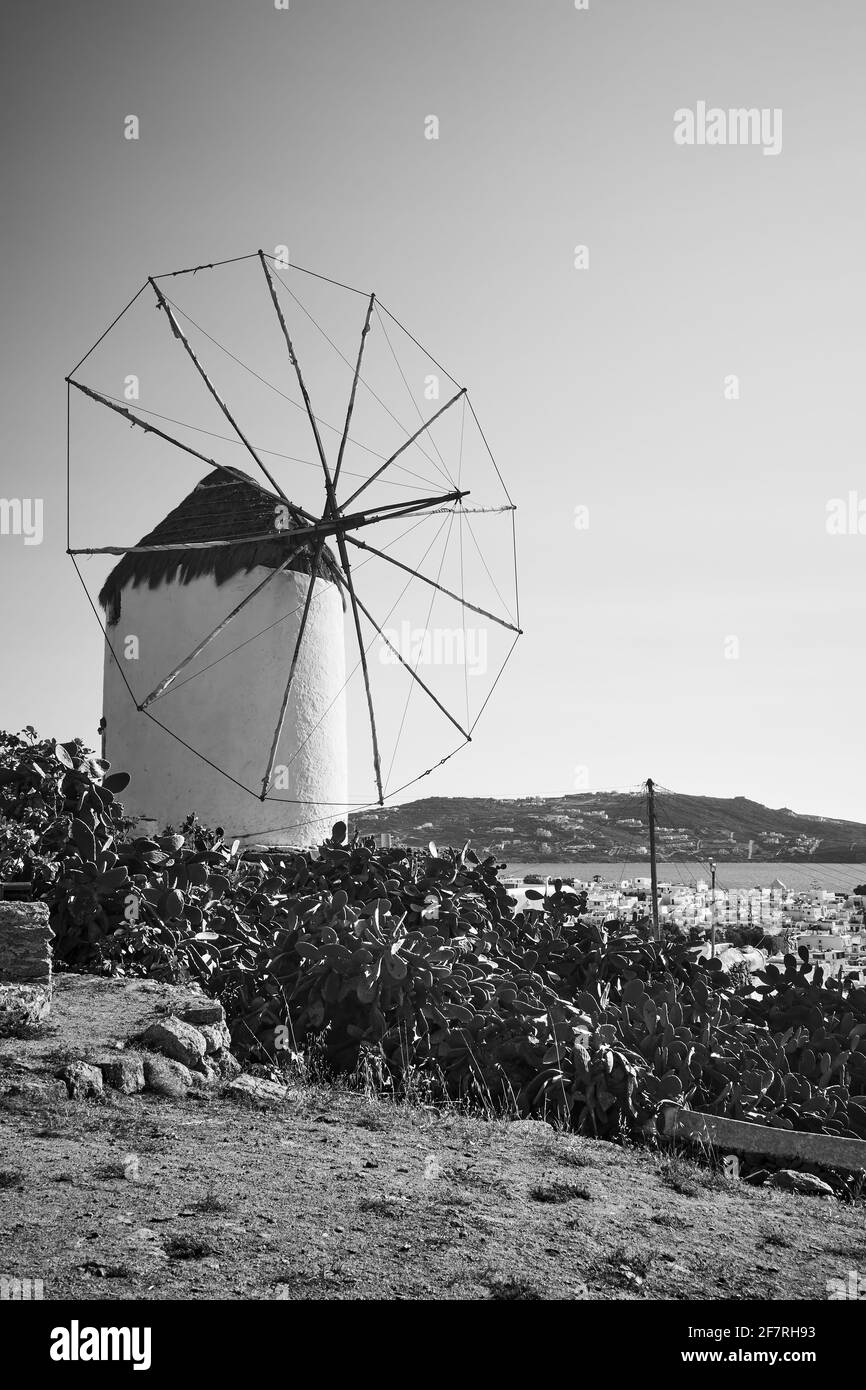 Windmill on the coast. Black and white photography, landscape. Mykonos island , Greece Stock Photo