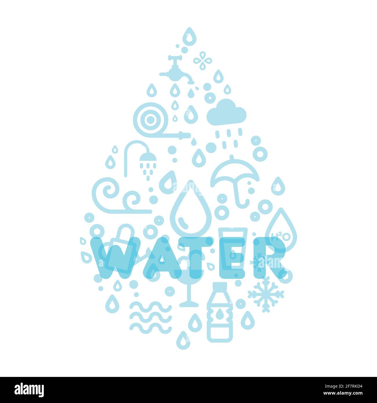 Water icons creating a drop shape. Translucent word water. Vector