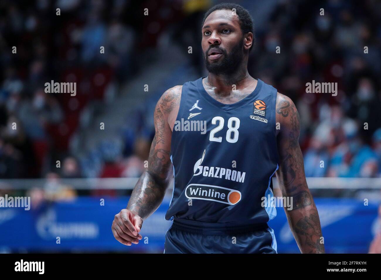 09-04-2021: Basketbal: BC Zenit Saint Petersburg v Maccabi Tel Aviv: Sint Petersburg SAINT PETERSBURG, RUSSIA - APRIL 9: Tarik Black of BC Zenit during the Turkish Airlines EuroLeague match between Zenit St Petersburg and Maccabi Playtika Tel Aviv at Ubileyny Sport Palace on April 9, 2021 in Saint Petersburg, Russia (Photo by ANATOLIY MEDVED/Orange Pictures) Stock Photo