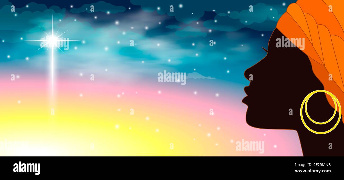 Silhouette of a young African woman against the background of the starry sky and one large shining star. Girl with a turban and an earring. The face o Stock Photo