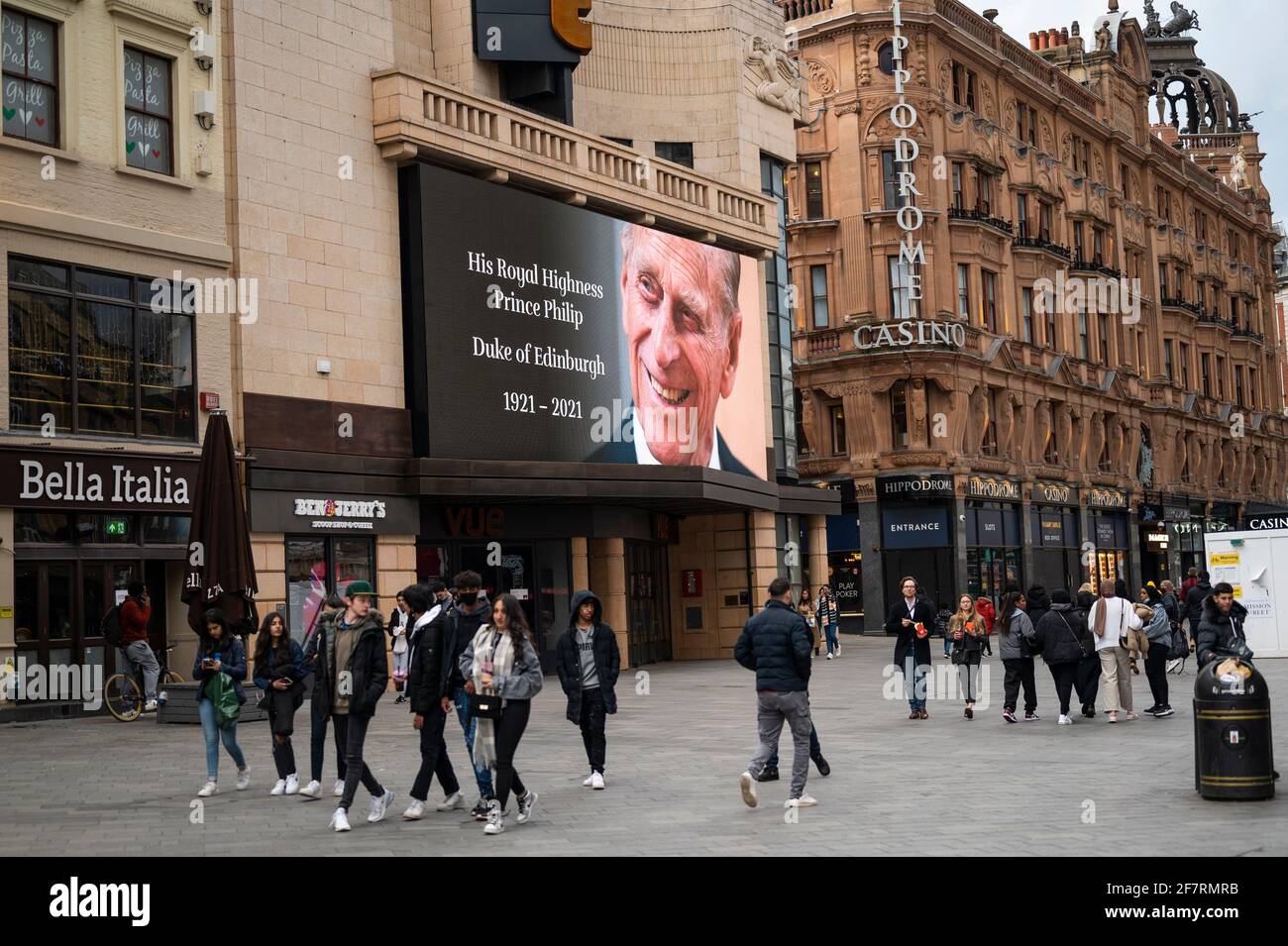 London, UK.  9 April 2021. A tribute is displayed on a digital screen in Leicester Square after the death of Prince Philip, aged 99, was announced. Credit: Stephen Chung / Alamy Live News Stock Photo