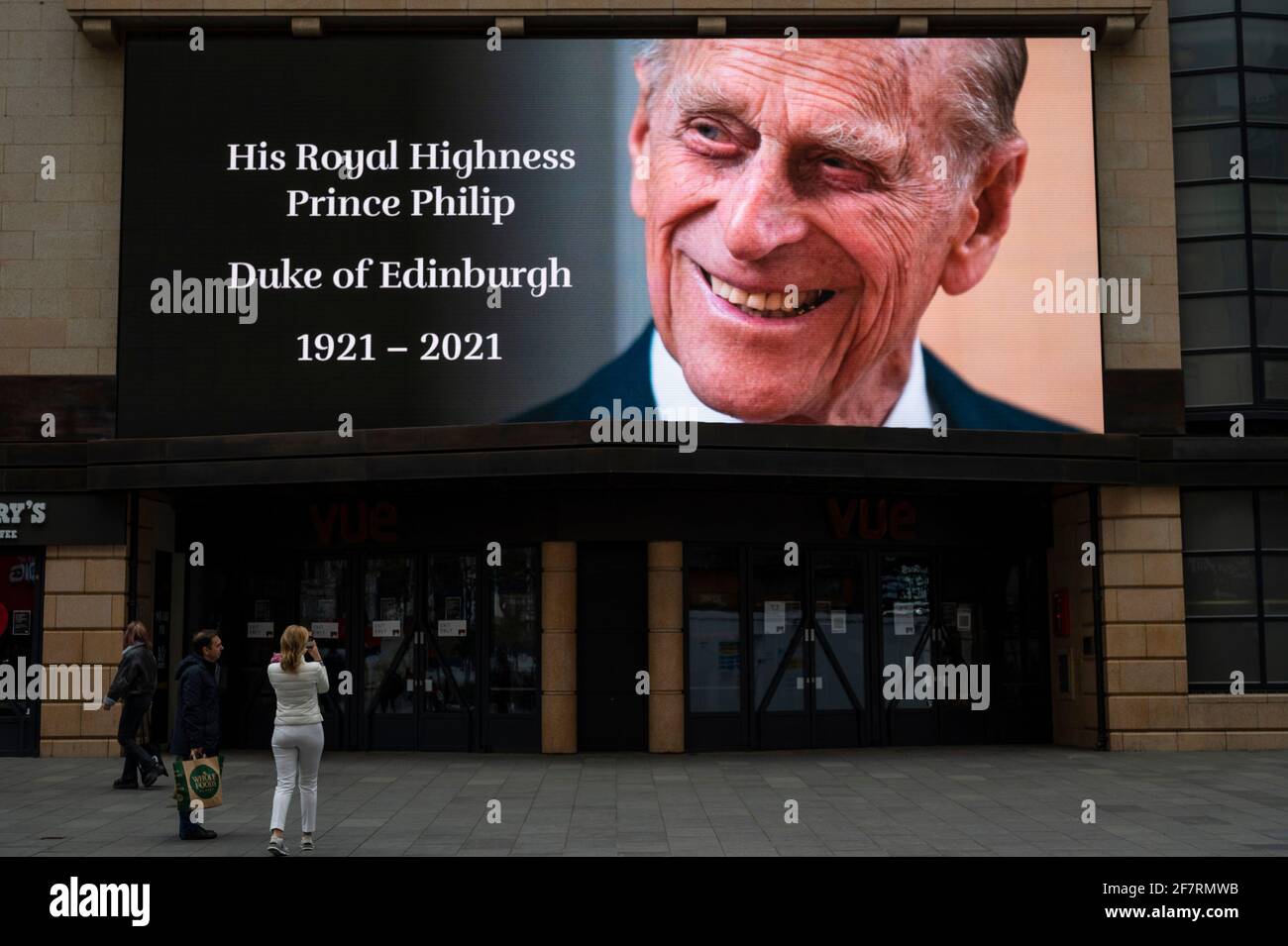 London, UK.  9 April 2021. A tribute is displayed on a digital screen in Leicester Square after the death of Prince Philip, aged 99, was announced. Credit: Stephen Chung / Alamy Live News Stock Photo