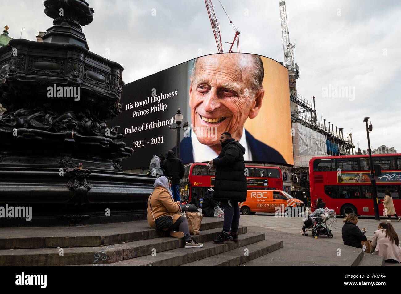 London, UK.  9 April 2021. A tribute is displayed on a digital screen in Piccadilly Circus after the death of Prince Philip, aged 99, was announced. Credit: Stephen Chung / Alamy Live News Stock Photo
