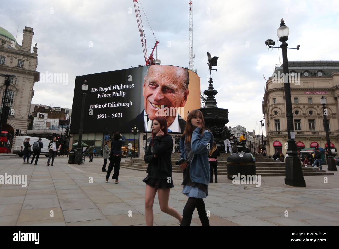 London, England, UK. 9th Apr, 2021. Prince Philips picture is displayed on the big screen at Piccadilly Circus as a tribute after the official announcement his death. Philip died at the age of 99 today. Credit: Tayfun Salci/ZUMA Wire/Alamy Live News Stock Photo