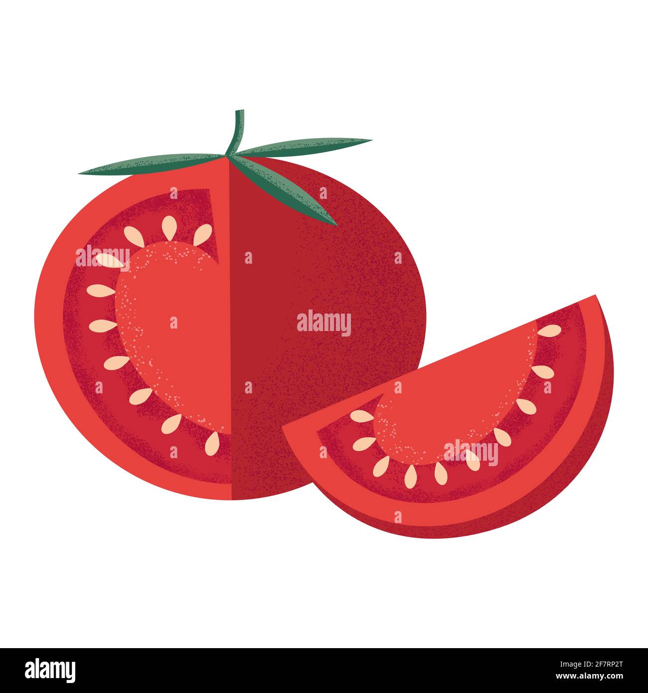 Red tomato with leaves and a slice in the style of a modern flat with a noisy grunge texture. Vegetable for the Mediterranean or vegan diet . Stock ve Stock Vector