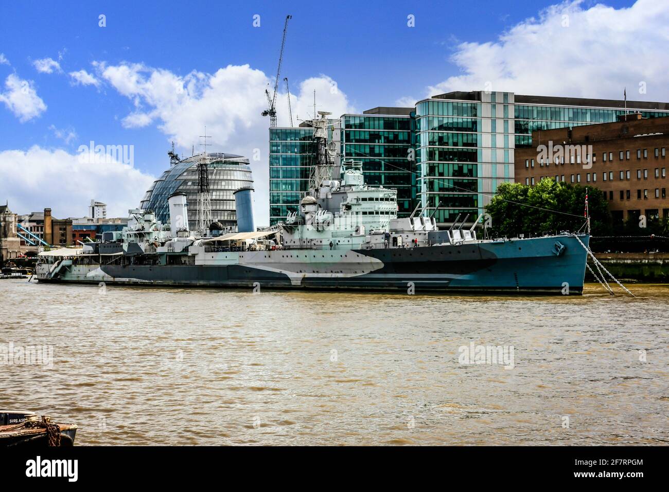 HMS Belfast battleship moared on the Thames in London Stock Photo