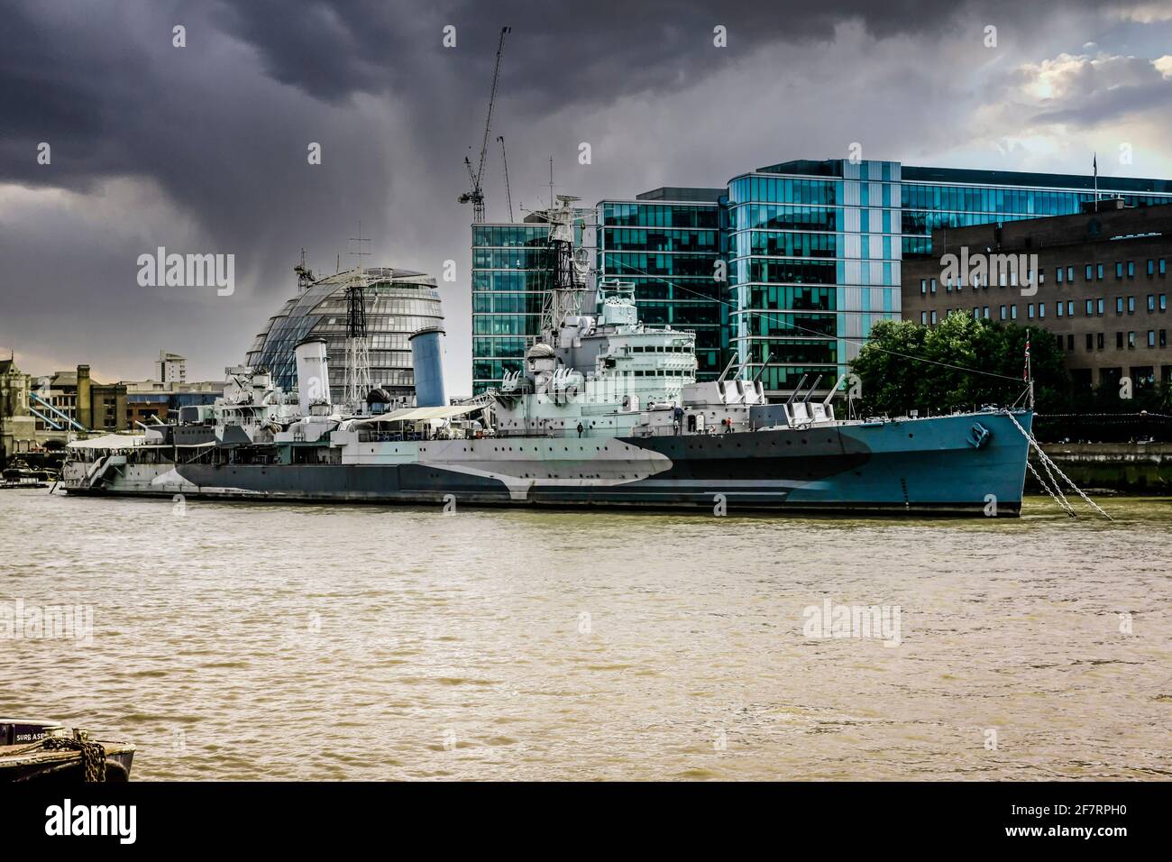 HMS Belfast battleship moared on the Thames in London Stock Photo