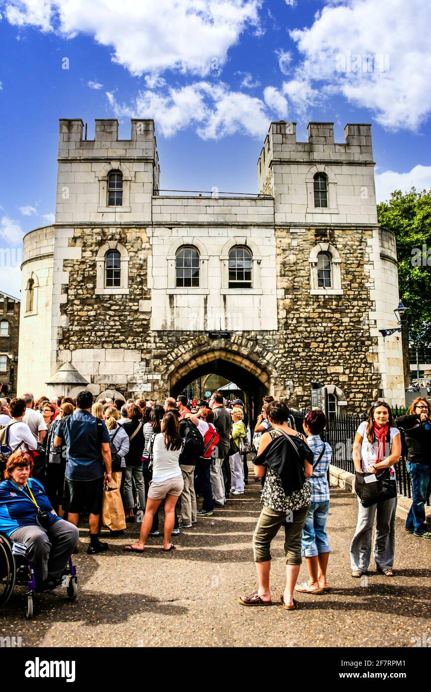 The Entrance towers and gateway into the Tower of London complex Stock Photo