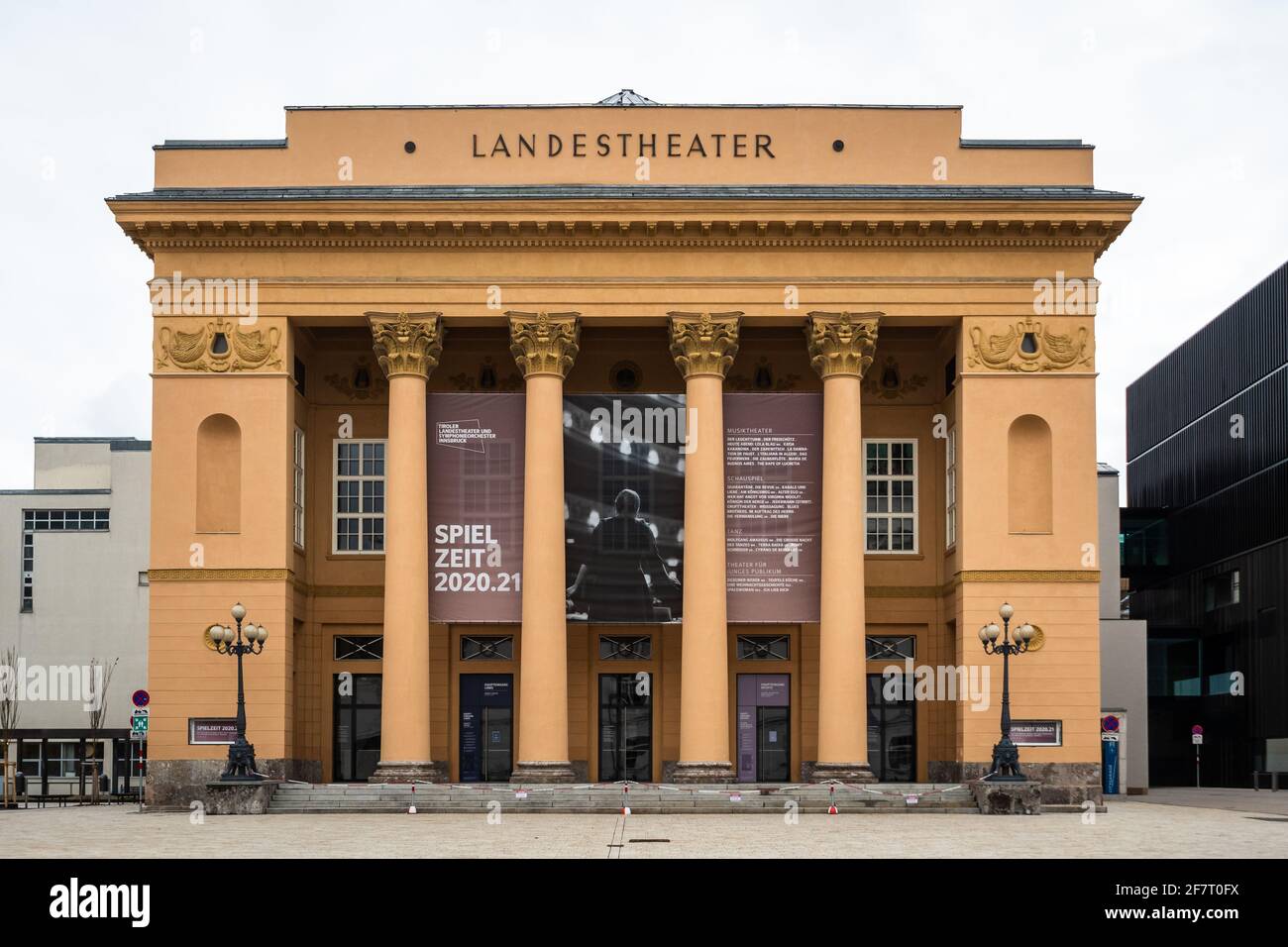 Innsbruck, Tyrol, Austria - February 8 2021: Tiroler Landestheater Innsbruck or Tyrolean State Theater, the Main House Entrance or Facade in the Old T Stock Photo