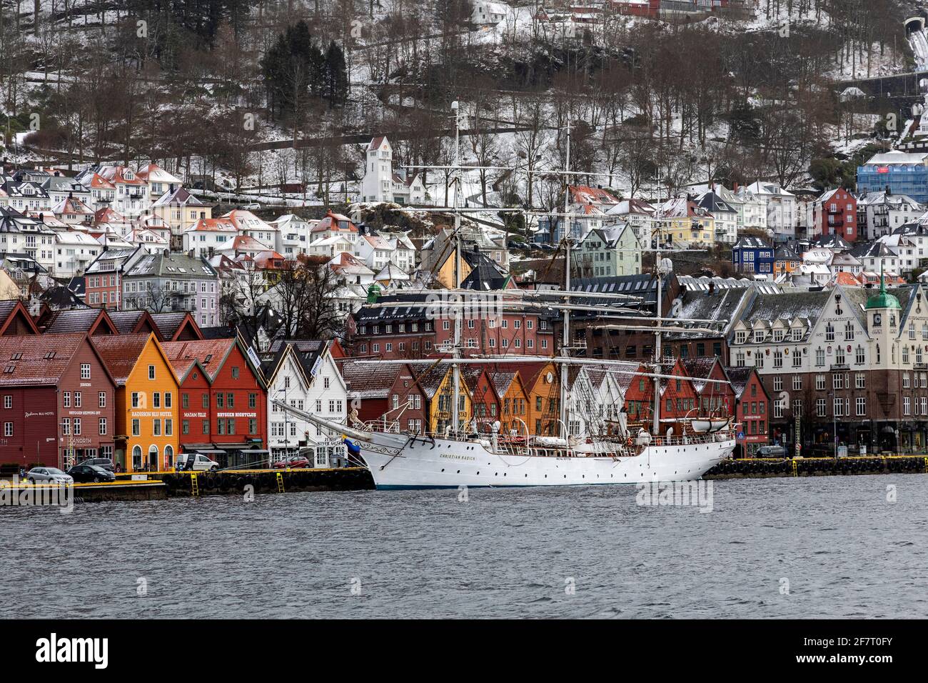 Full-rigged sail ship Christian Radich (built 1937) at Bryggen quay, in the old port of Bergen, Norway Stock Photo